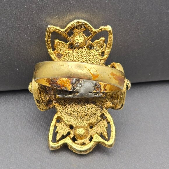 VTG Victorian Revival Turquoise & Faux Seed Pearls Filigree Ring Sz 9 Adjustable - Picture 4 of 10